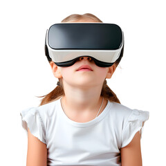 Little Girl wearing virtual reality glasses close-up, isolated on a white background, virtual reality technology concept, realistic design illustration, generative ai