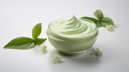 Obraz na płótnie Canvas Cream with extract of Green tea on light background