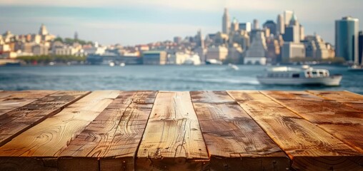 Empty wooden table with blurred dock background perfect for displaying travel and seaside products summer with scenic ocean view embodying beauty and tranquility of tropical beach landscape