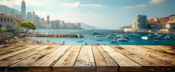 Foto auf Acrylglas Empty wooden table with blurred dock background perfect for displaying travel and seaside products summer with scenic ocean view embodying beauty and tranquility of tropical beach landscape © Bussakon