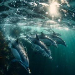 Naklejka premium An underwater photograph of a playful pod of dolphins swimming gracefully, capturing the dynamic and joyful nature of marine life