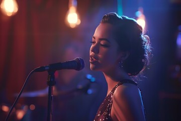 Captivating American Singer Mesmerizes Audience with Her Talented Voice. Concept Singing sensation, American artist, captivating performances, talented vocalist, mesmerizing music