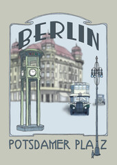 Hand-drawn illustration of the Berlin sights of the 1920s, digitally edited afterwards 
