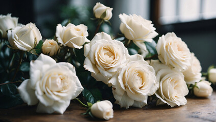 Creamy roses, adorned with tender buds, exude sophistication and allure. Their ivory hue, velvety petals, and budding blossoms embody timeless elegance and enchantment, casting a spell of pure romance