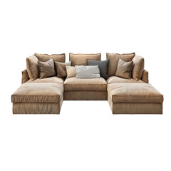 Modular beige sectional sofa boasts plush seating and textured pillows, offering both comfort and a touch of elegance.