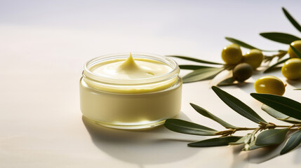 Fototapeta na wymiar Jar of cream with olive oil extract on light background