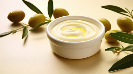 Obraz na płótnie Canvas Jar of cream with olive oil extract on light background