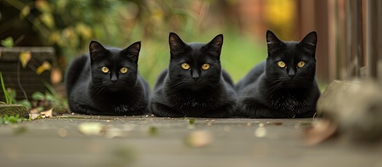 Three hungry black cats eagerly await the arrival of new feline companions as they sit closely together.