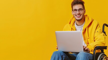 A man In A Wheelchair Is Using A Laptop Computer With His Arms In The Air