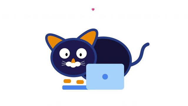cat typing,Cat laptop. Serious kitten in keyboard work notebook with heart, funny adorable animal computer worker hacker programmer, PC artwork cute pet character animation of laptop and kitten.