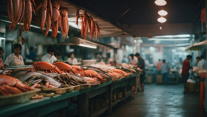 Discover charm traditional Asian fish bazaar, vendors proudly present freshest seafood offerings...
