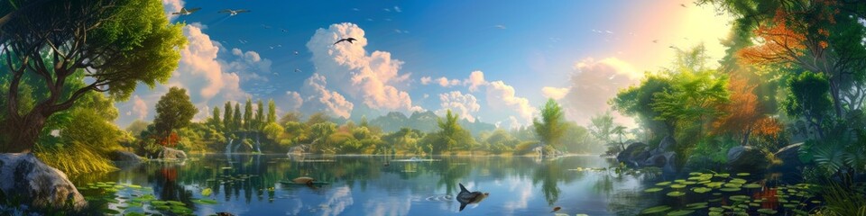 The heart of the Garden of Eden, featuring a serene lake that mirrors the clear sky, surrounded by a variety of flora and fauna coexisting in perfect harmony, the embodiment of unspoiled beauty. - obrazy, fototapety, plakaty