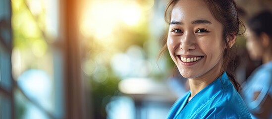A heartwarming image of a cheerful and friendly caregiver excelling in her job, wearing a smile that reflects her satisfaction and dedication.
