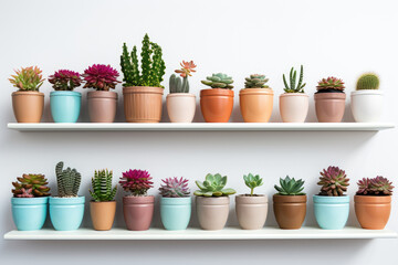 Fototapeta premium Stylish white wooden shelves with green succulent plants. Modern hipster room decoration