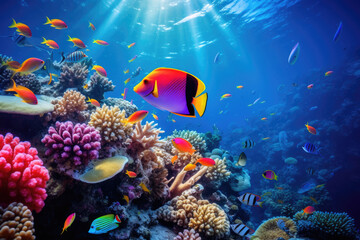 Fototapeta na wymiar Underwater coral reef landscape in the deep blue ocean with colorful tropical fish and marine life
