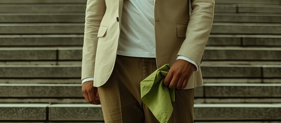 A man in a beige suit and white t-shirt, holding a green handkerchief, stands confidently in front of a gray staircase.