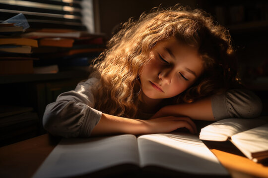 Exhausted student with books and papers, studying at home
