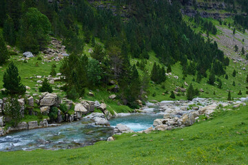 Mountain landscape with river of transparent water