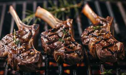 lamb chop on the grill with the flames. - obrazy, fototapety, plakaty