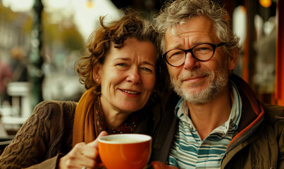A mature older senior retired couple sitting outside a coffee shop on a city street