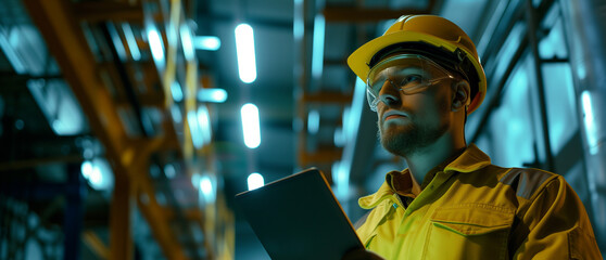 An industry engineer worker man with safety helmet using a computer tablet in an industrial factory or warehouse