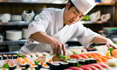 A Japanese sushi chef cook man kitchen concept - obrazy, fototapety, plakaty