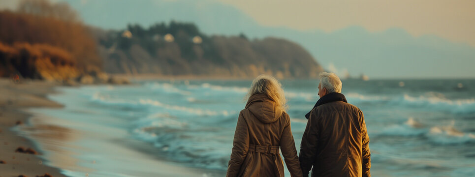 An older retired people couple walking on a beach together hand in hand