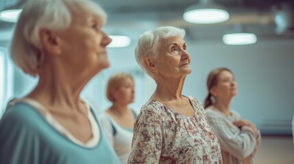 elderly women stand and dance with group old woman at the mirror in position of the ballet stand in a dance studio - obrazy, fototapety, plakaty