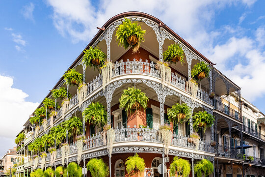 old french building with typical iron balconies in the french quarter in New Orleans, Louisiana