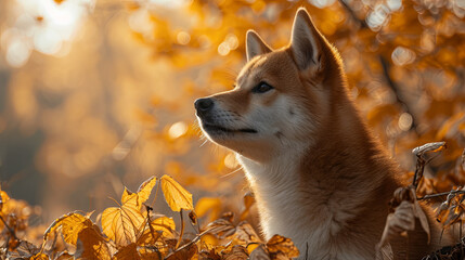 The Akita is a Japanese dog breed of large size, autumn leaves background - obrazy, fototapety, plakaty