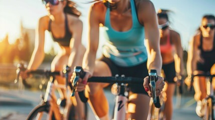 Woman Cycling Group Workout - A group of cyclists in a dynamic outdoor workout, showcasing energy, teamwork, and a passion for fitness. - obrazy, fototapety, plakaty