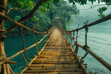 Obraz premium Bamboo pedestrian hanging bridge over sea to remote desert island.