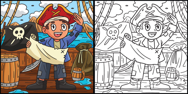 Pirate with Treasure Map Coloring Illustration