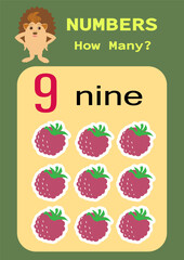Numbers.Digital card with the image of fruits. Counting game for children. Mathematics worksheet for preschoolers.