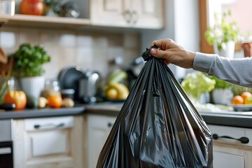 Person throws away garbage bag in kitchen trash bin. Concept Eco-friendly living, Household waste management, Trash disposal, Kitchen organization, Sustainability