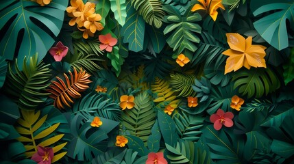 Amazon Rainforest canopy reimagined as a vibrant paper cut masterpiece highlighting the biodiversity of Brazil - obrazy, fototapety, plakaty