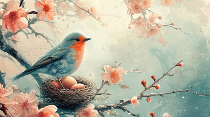Watercolor illustration of bright color bird witg eggs in the nest, blossom background, spring time