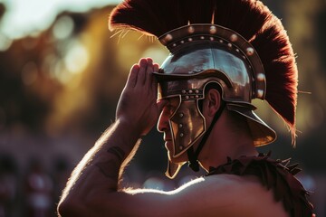 profile of gladiator with plumed helmet saluting before combat