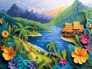 Fijis lush landscapes and traditional bure huts reimagined as a vibrant paper cut art piece Oceanias paradise captured - obrazy, fototapety, plakaty