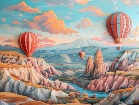 Cappadocias fairy chimneys reimagined as an exquisite paper cut landscape floating balloons add whimsy
