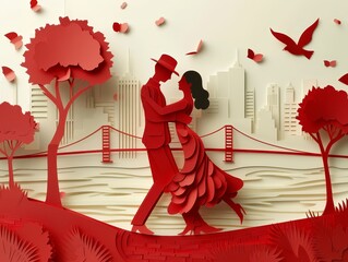 Tango dancers in Buenos Aires crafted into an elegant paper cut illustration embodying the spirit...