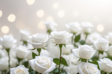 White roses bunch, blurred bokeh background. Defocused space for text placement. Horizontal panoramic banner. Fresh blossoming delicate rose frame, flowers festive floral card, selective focus, toned