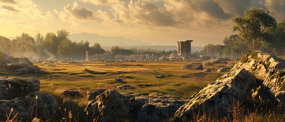 The silent fields of an old Roman battleground, where time has eroded the once-mighty symbols of power, leaving only echoes of glory and defeat - obrazy, fototapety, plakaty