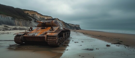 The somber Normandy beaches, where abandoned tanks and fortifications mark a pivotal moment in history.