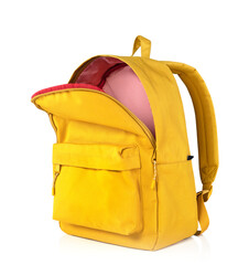 Yellow backpack opened isolated on white.School bag advertisement design. Knapsack, rucksack,travel...