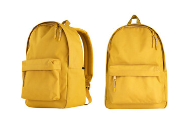 Yellow backpack set isolated on white.Travel bag different  side view.Schoolbag, rucksack object.