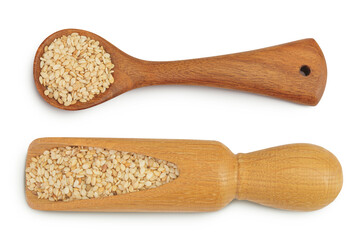 Sesame seeds in wooden spoon and scoop isolated on white background. Top view. Flat lay