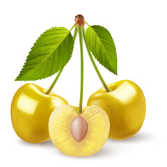 A stems with yellow cherries, accompanied by a green leaf, placed on a white background. The stem holds three sweet cherry fruits, with one of them cut in half revealing its pit - 739967046