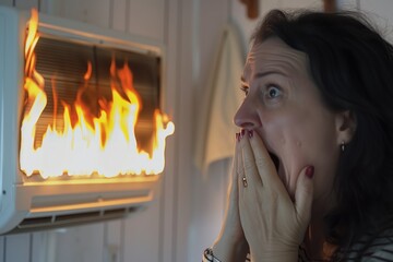 woman covering her mouth in horror at inhome ac unit on fire - obrazy, fototapety, plakaty