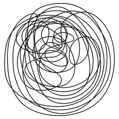 A ball of tangled lines. Sketch. Chaotic scattered doodles. Black and white vector illustration. Hand sloppy drawing. A ball of tangled threads. Outline on isolated background. Idea for web design.